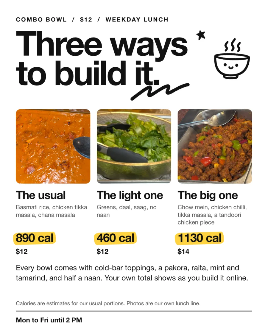 Three ways to build it. The usual: basmati rice, chicken tikka masala and chana masala, about 890 calories, 12 dollars. The light one: greens, daal and saag with no naan, about 460 calories, 12 dollars. The big one: chow mein, chicken chilli, tikka masala and a tandoori chicken piece, about 1130 calories, 14 dollars.