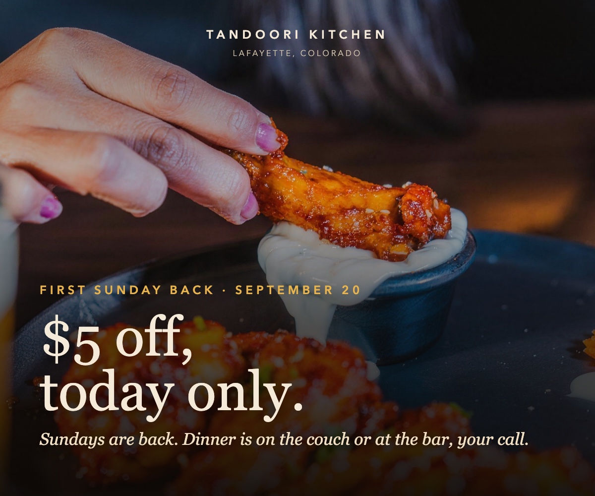 Tandoori chicken wing dipped in homemade raita. Sundays are back at Tandoori Kitchen, Lafayette.