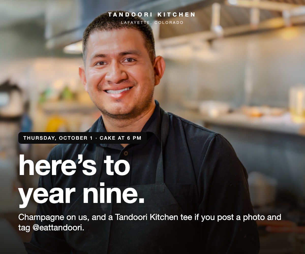 Here is to year nine. Tandoori Kitchen birthday party Thursday October 1, cake at 6 PM.